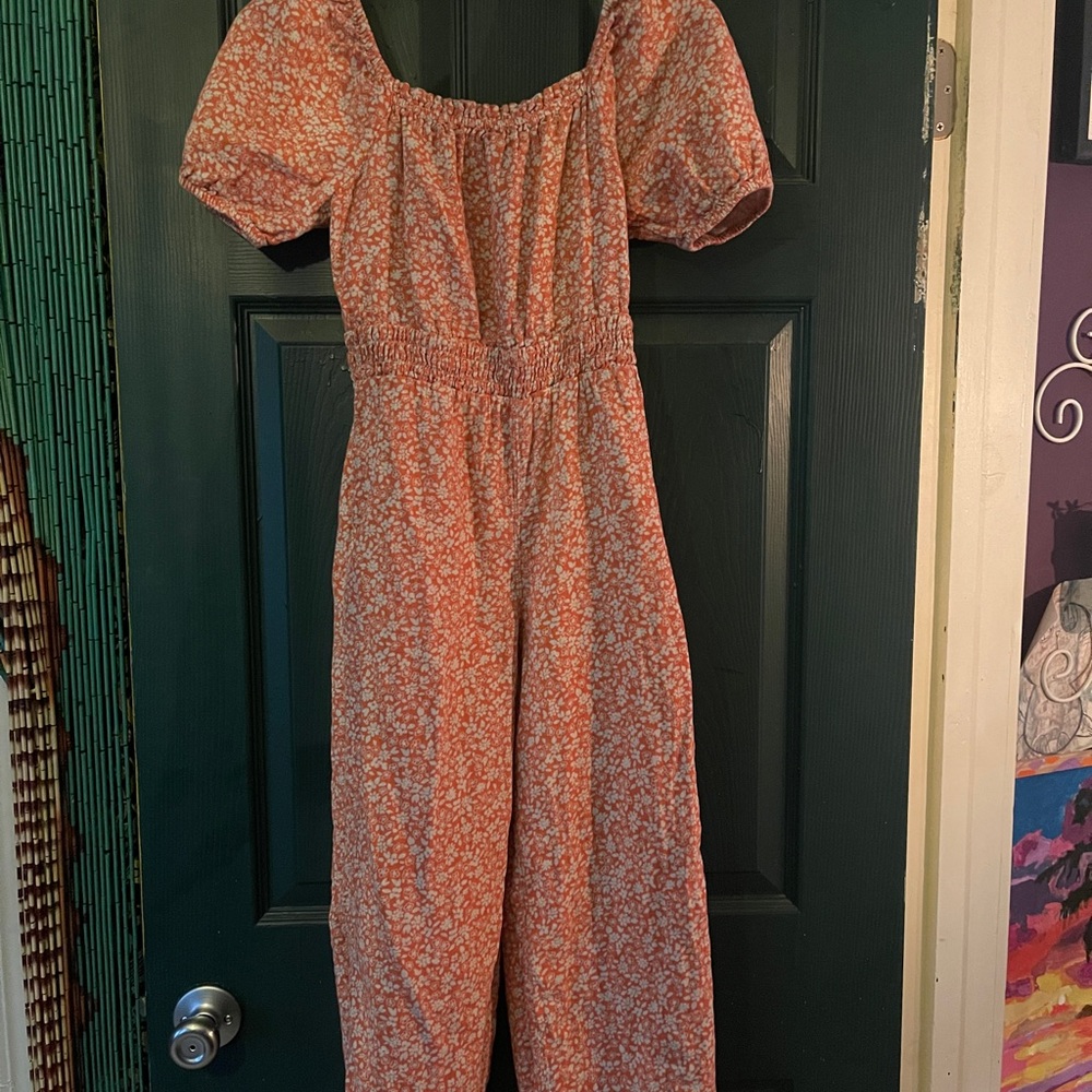 Peach Floral Off-Shoulder Jumpsuit with Wide-Leg Fit
